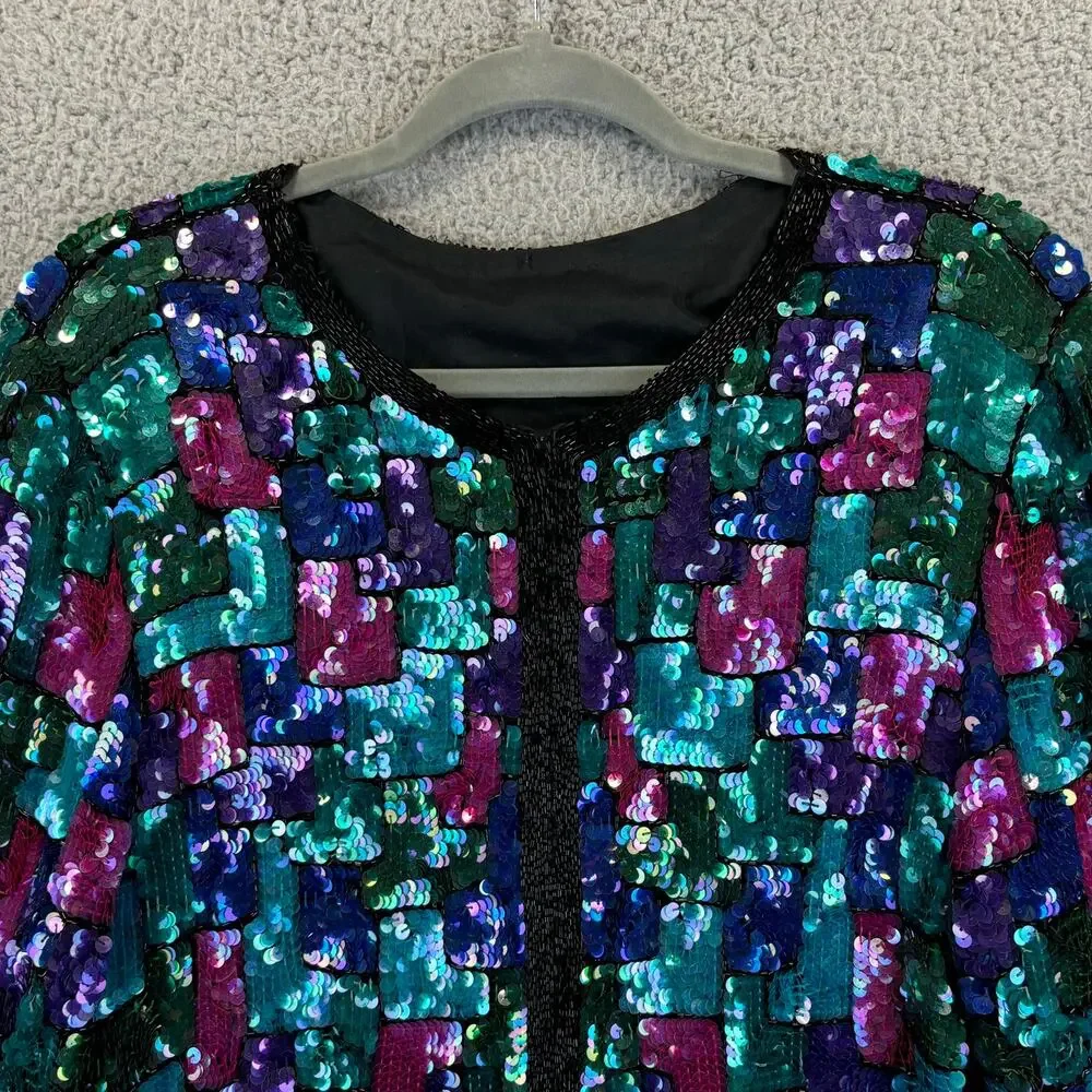 Vtg Stenay Sequin Jacket Large Retro Disco Glam Holiday Colorblock Allover - Picture 1 of 12